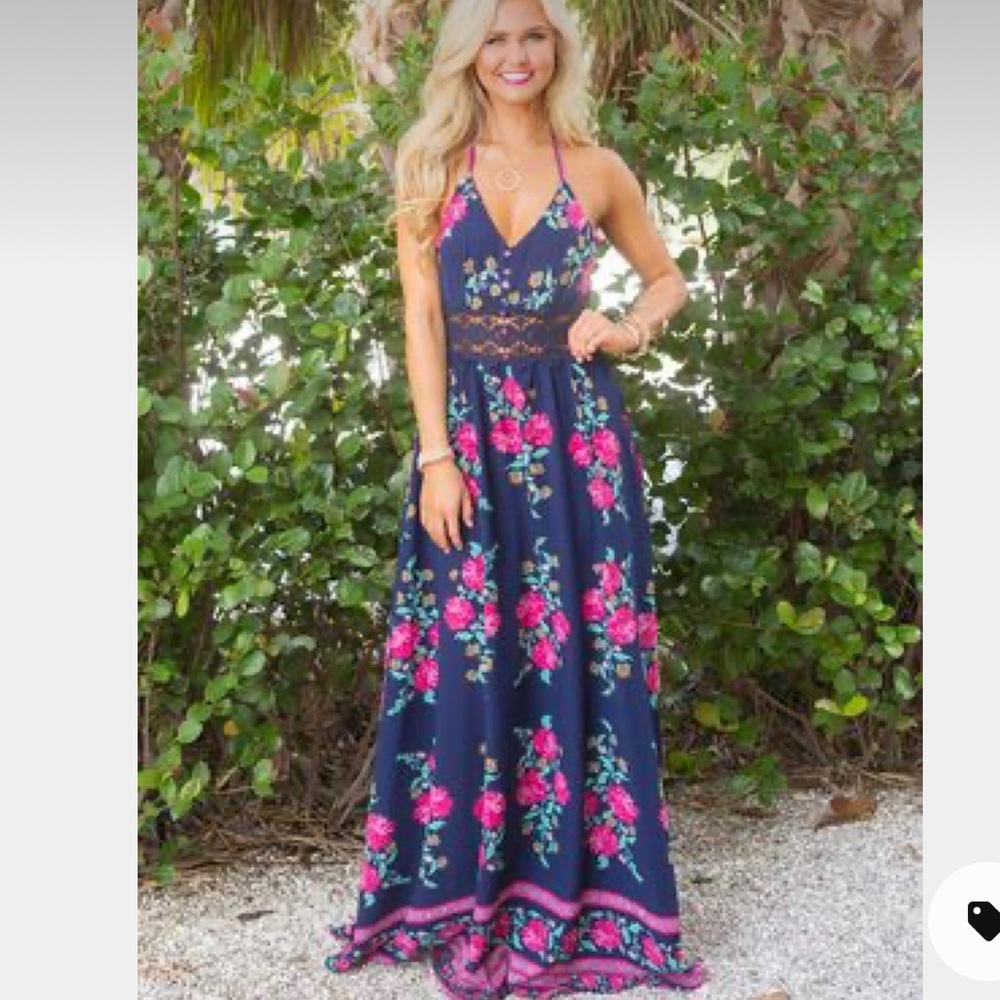 Blue and pink floral maxi dress